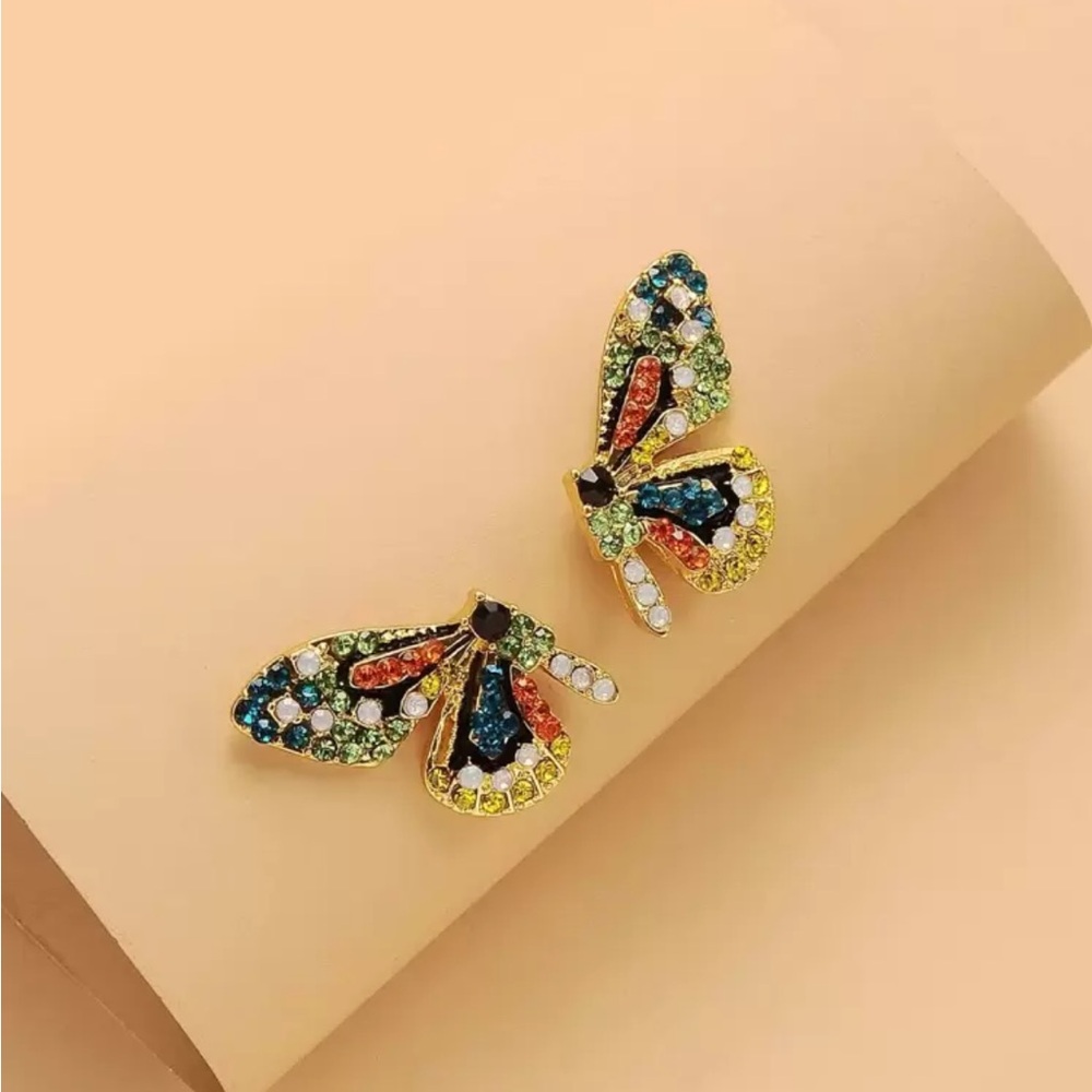 BRAND NEW🦋Elegant Colorful Rhinestone Decor Butterfly Gold Stud Earrings